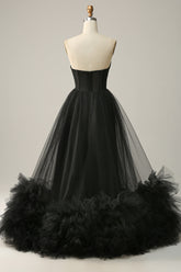 Black Prom Dress Corset Sweetheart Long Evening Dress with Ruffles